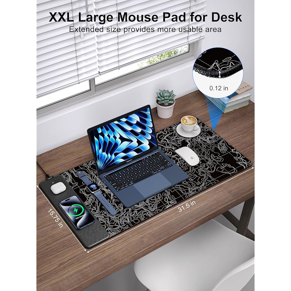 15W 고속 무선 충전 기능을 갖춘 탑메이드 마우스 패드, 31.5 x15.75 XXL 대형 게이밍 방수 책상 초매끄러운 표면, 미끄럼 방지 베이스, 컴퓨터 매트, 블랙 지형도 - 상세 이미지 3