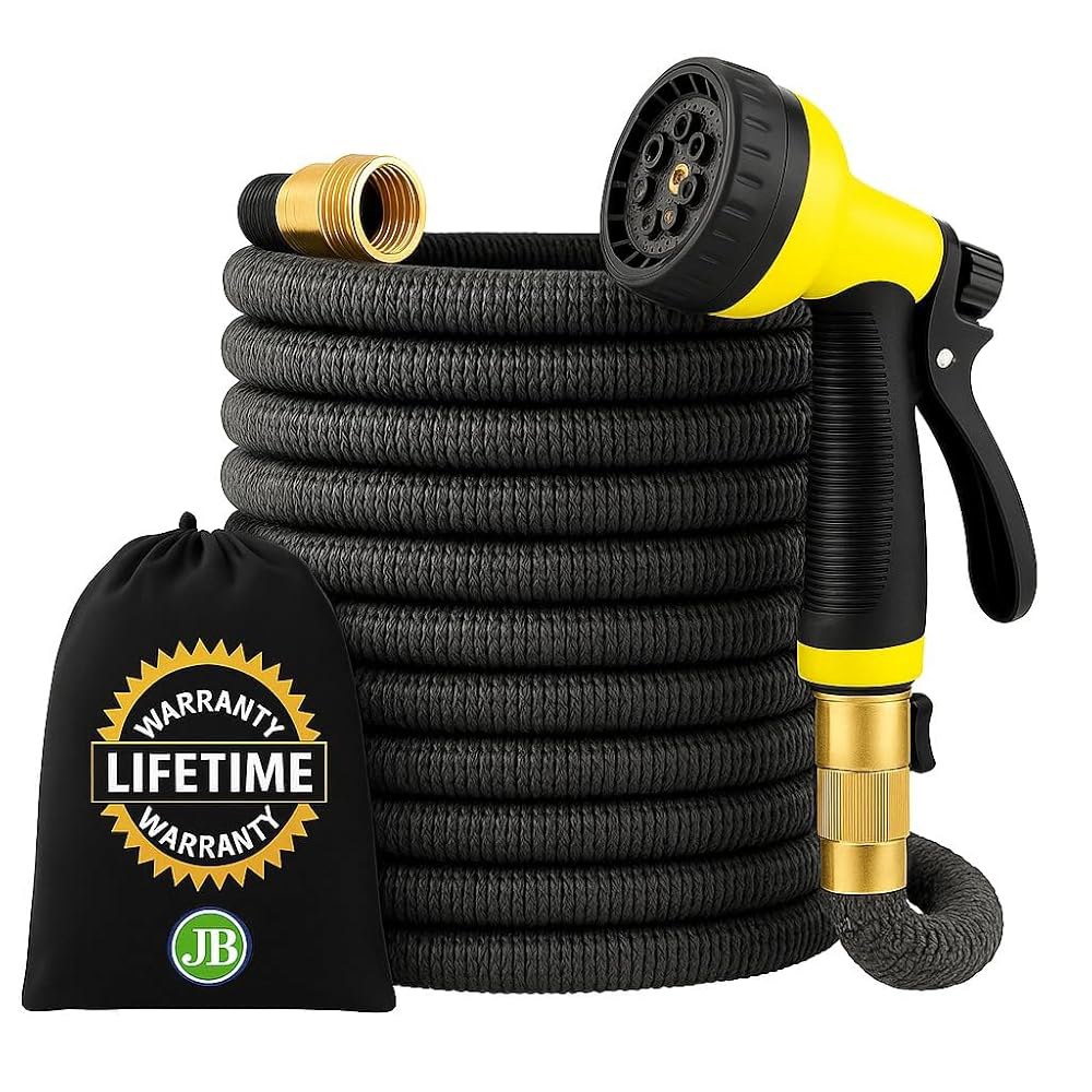 J&B XpandaHose 75피트 확장형 가든 호스 u2013 초강력 3750D, 4층 라텍스 코어, 황동 3/4인치 커넥터, 10패턴 노즐 및 보관 가방 경량, 주름 감소, - 상품 이미지