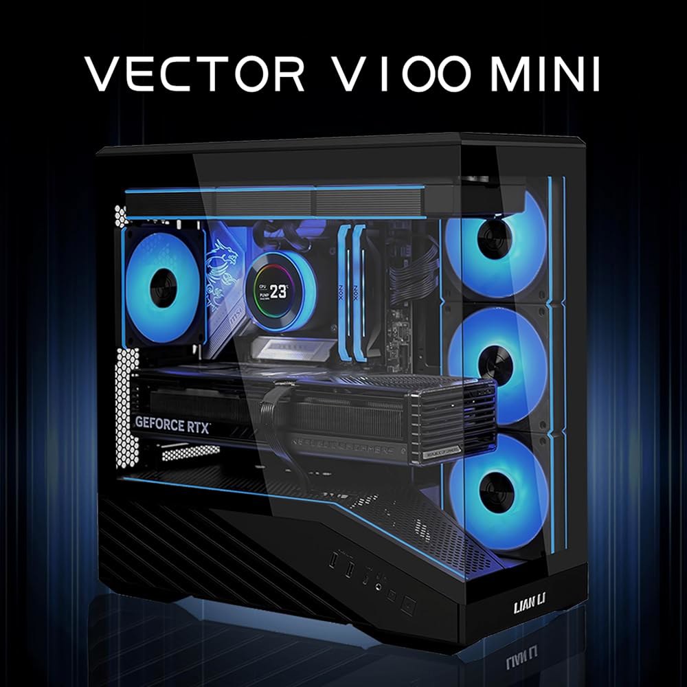 리안 리 벡터 V100 미니 마이크로 폼 팩터 컴팩트 PC 케이스, 사전 설치, 4 x 120mm ARGB PWM 팬, 강화 유리, 서포트 백셋-커넥트 마이크로-ATX, 415mm - 상세 이미지 2