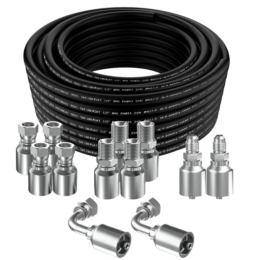 30피트 1/2 유압 호스, 12Pcs 1/2인치 NPTF 수컷 및 JIC 37 암컷 90 팔꿈치 호스 피팅 W.P.40MPa / 5800PSI 30Ft 1/2 Hose - 상품 이미지