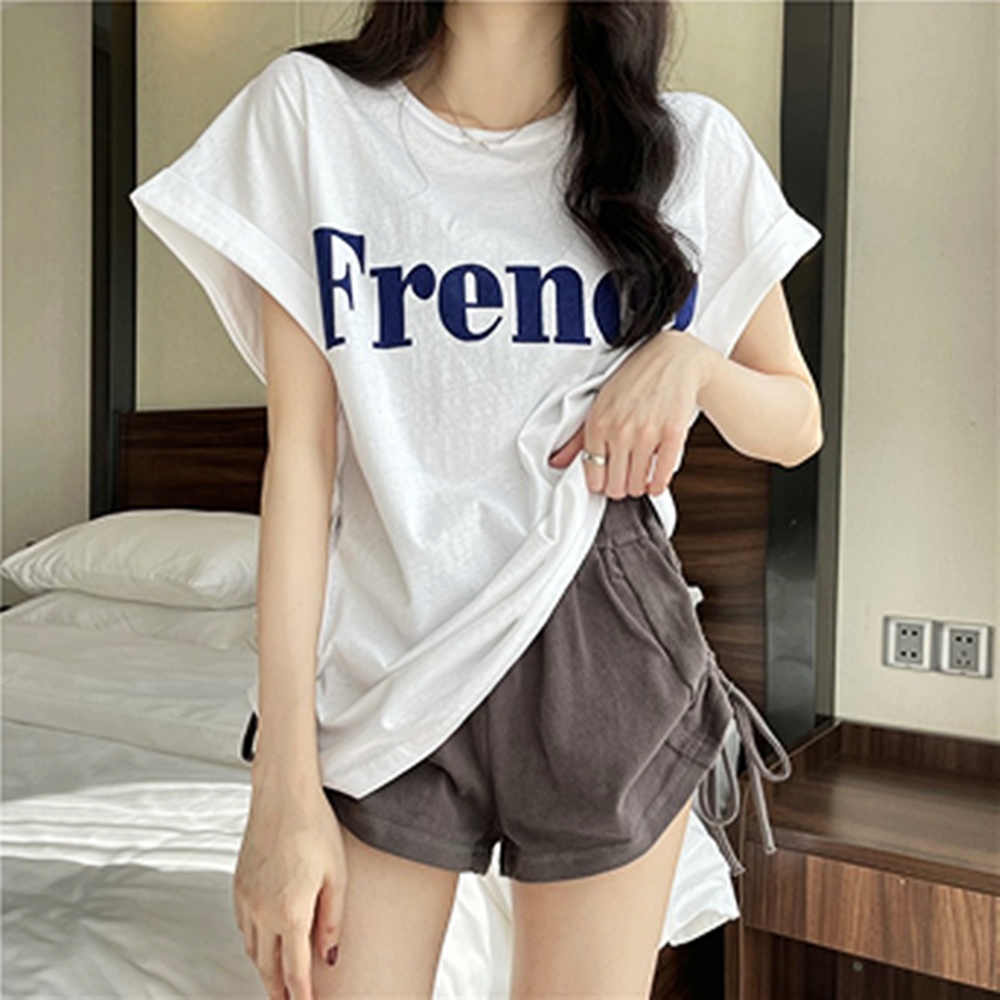 프렌치 레터링 롤업 반팔 티셔츠 - 블랙