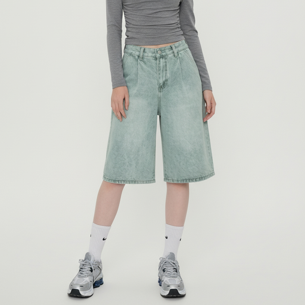 JEB-1007769 여성 워싱 핀턱 버뮤다 데님팬츠 숏/롱 2단기장 - 연청