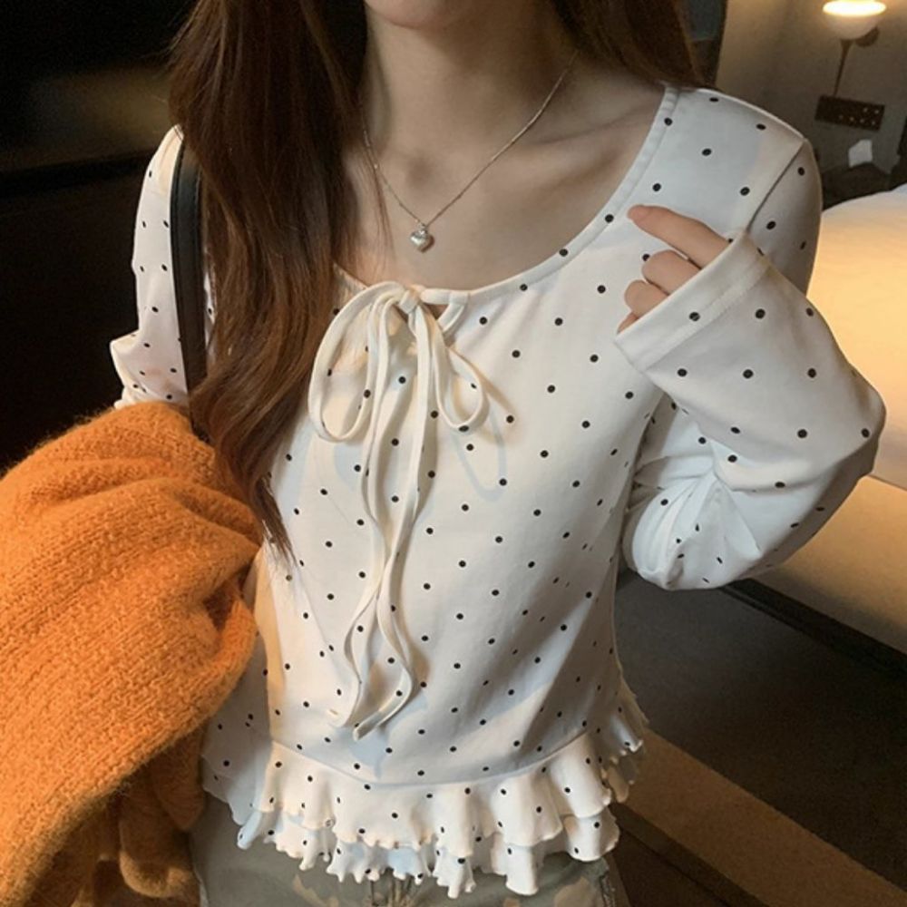 도트 리본 크롭 티 - 화이트