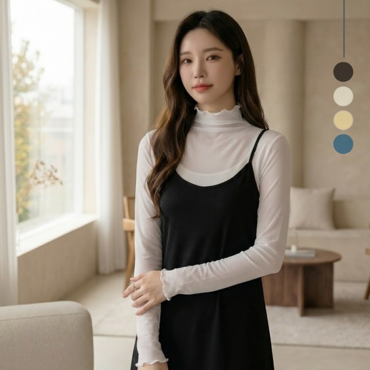 여성 셔링 시스루 레이스 반목 이너 레이어드 블라우스 - 블랙