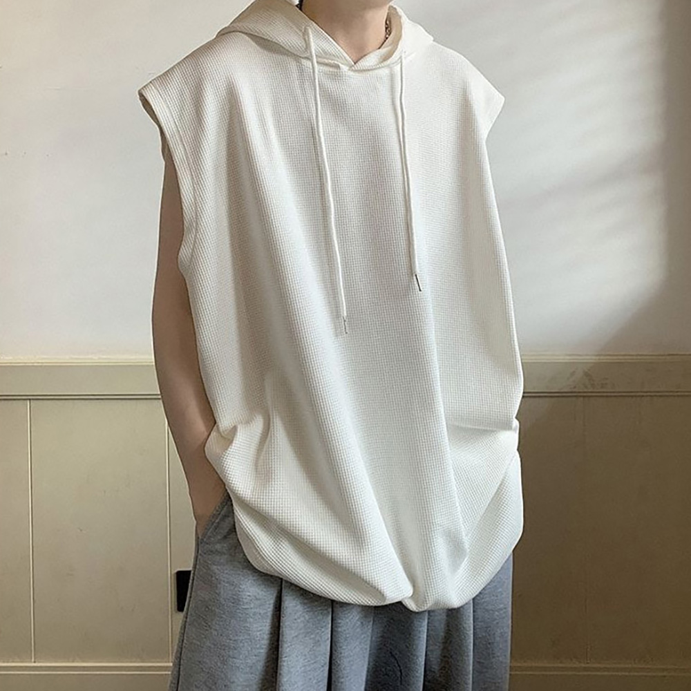 남성 여름 외출 패션 와츨 패턴 루즈핏 스타일 후드 민소매 스타일 티셔츠 - 그레이