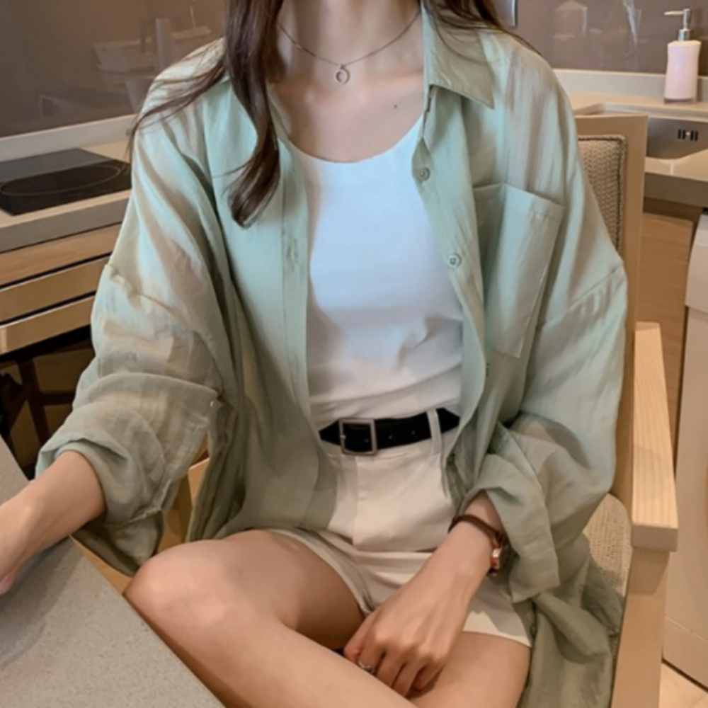 여름 햇빛 가림용 여성 시스루 셔츠 남방 - 2컬러 - 화이트