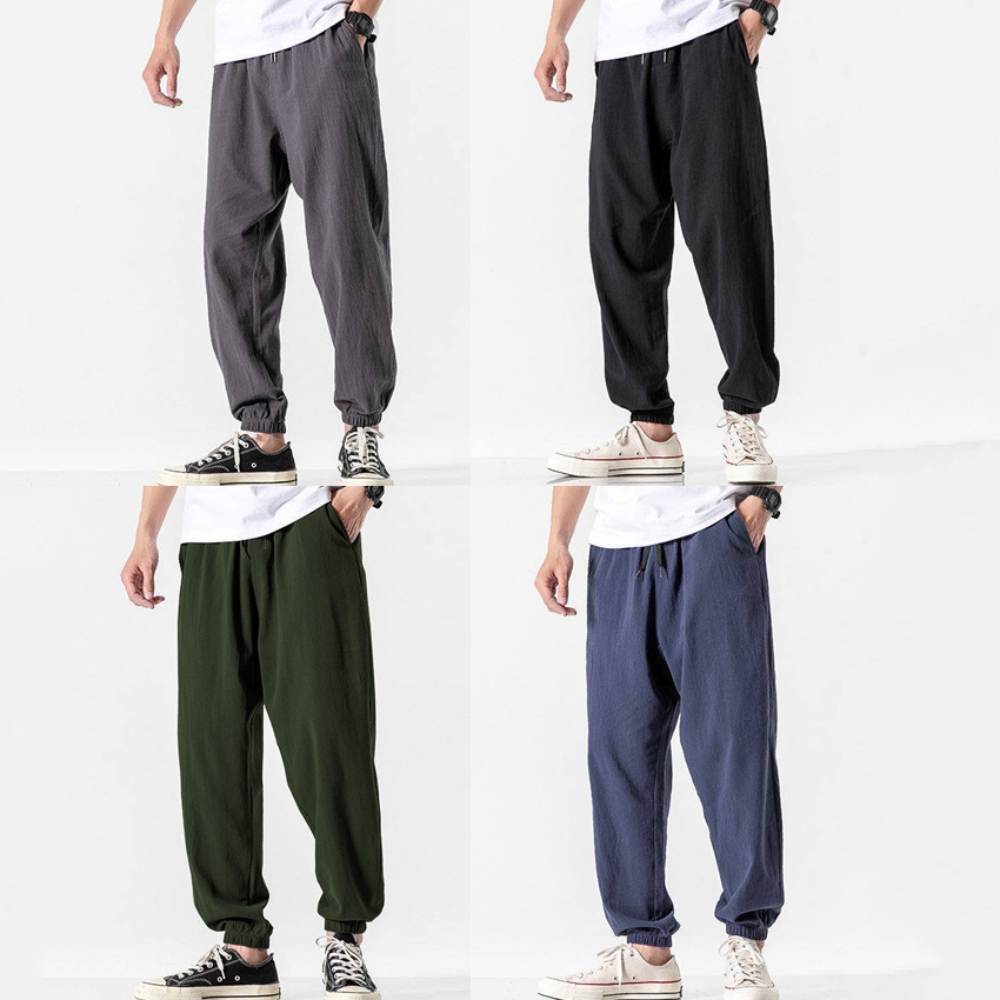 여름철 시원한 린넨 소재 허리 밴딩 남성 조거 스타일 팬츠 - 진그레이