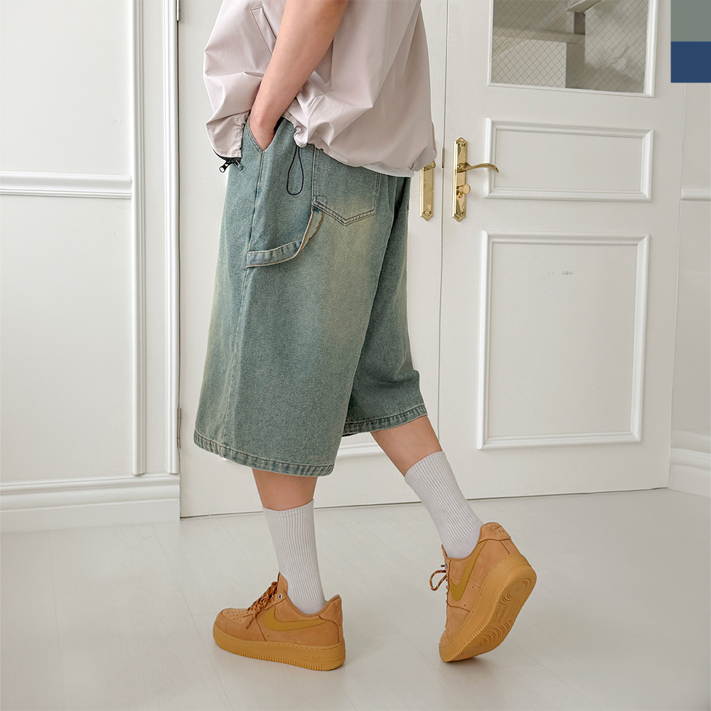 ACC 2009M 남자 카펜터 버뮤다 와이드 밴딩 데님 반바지 - 머드중청