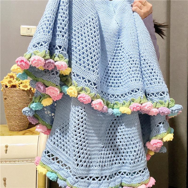 꽃다발 담요 블랭킷 핑크 뜨게꽃 손뜨개 뜨개꽃 프랑스 꽃다발블랭킷 뜨개질 로즈 그라데이션 - 상품 이미지