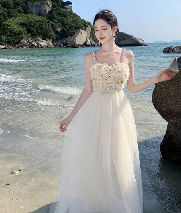 웨딩드레스 화이트 스팽글 브라이덜샤워 셀프 사진촬영 드레스 파티복 - 상품 이미지