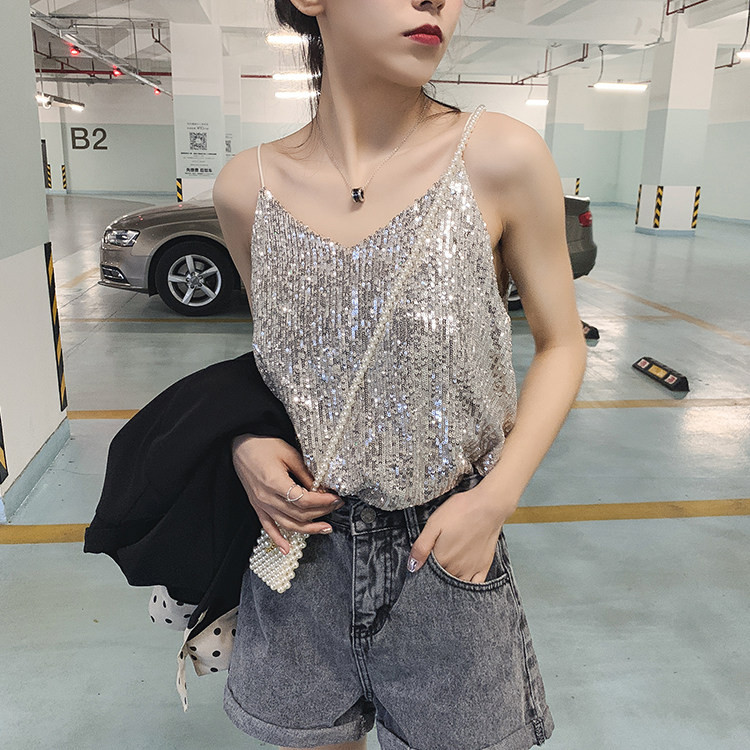 캐주얼 데일리 여자 스팽글 티셔츠 글리터 여름 반짝이 끈나시 이너 민소매 클럽 - 상품 이미지
