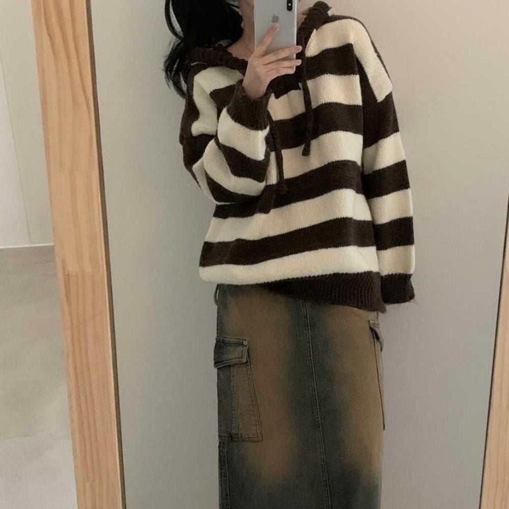 루즈핏 여성 니트 모자 스트라이프 니트 긴팔 상의 - 블루