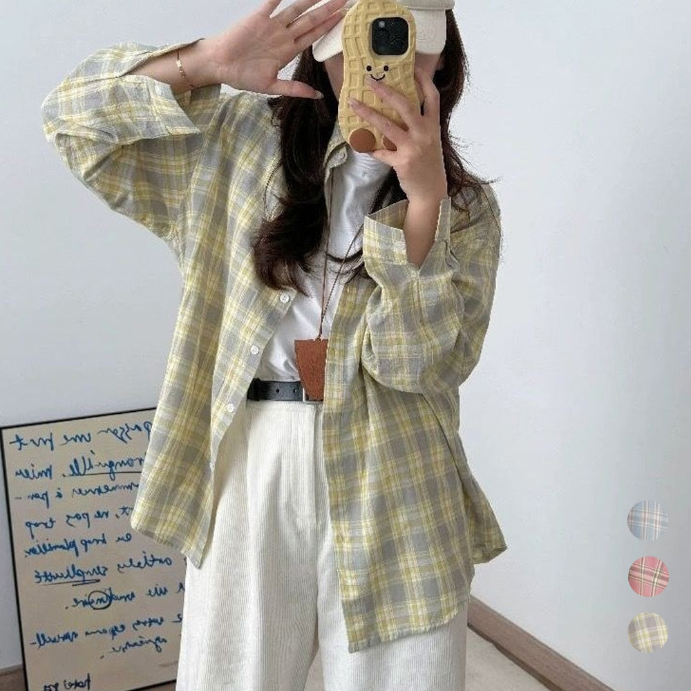 여성 간절기 환절기 체크 패턴 얇은 소재 루즈핏 체크 긴팔 셔츠 - 블루