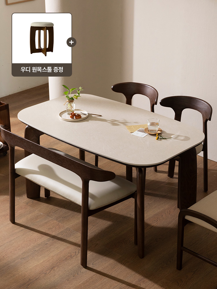 오크빌 넛츠 4인용 원목 포세린 세라믹 무소음 애쉬원목 식탁세트 1400 의자2 벤치1