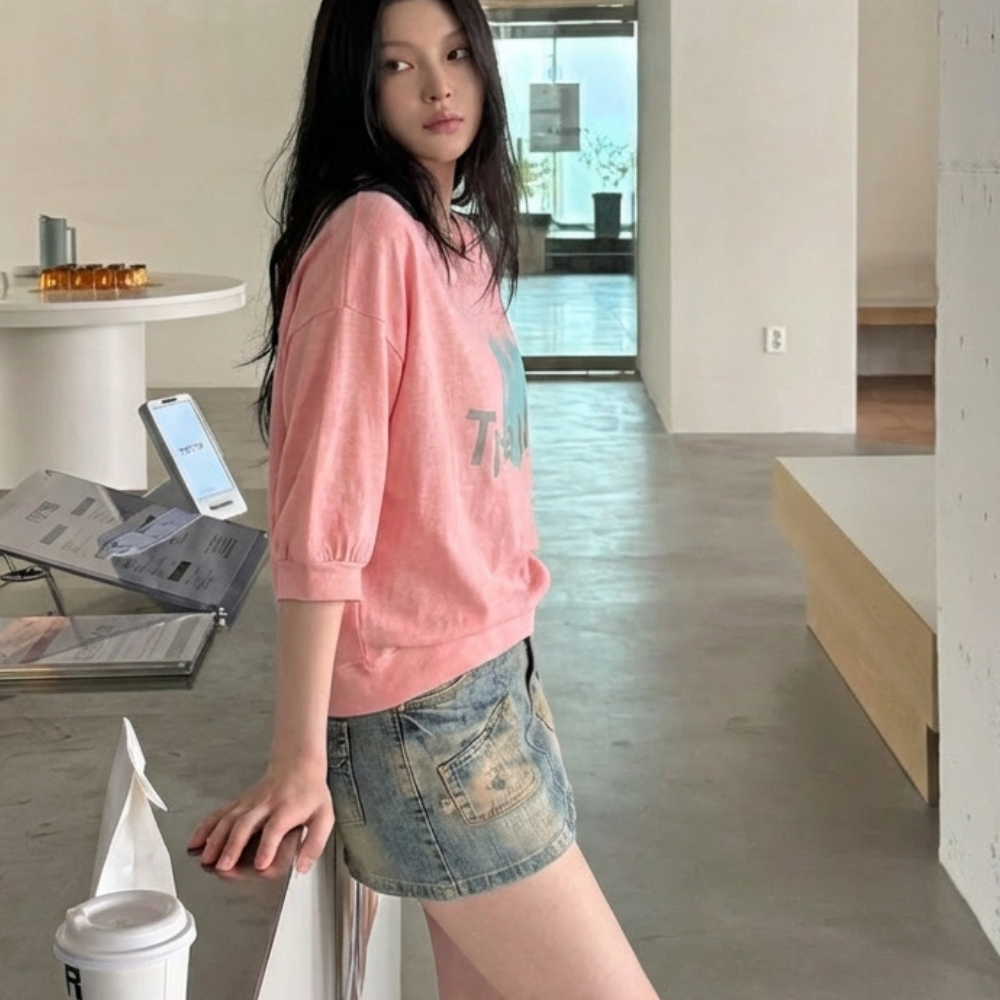 데일리즈 5부소매 여성반팔맨투맨 20수슬라브면 라운드넥 여자반팔티 세미크롭 노멀핏 자체제작 이미지 7
