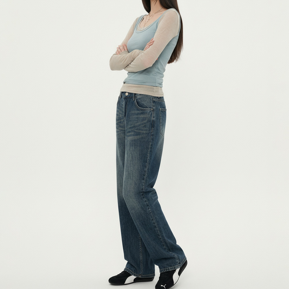 JEB-1007375 빈티지 캣브러쉬 워싱 여성 롱 와이드 데님 팬츠 - 진청