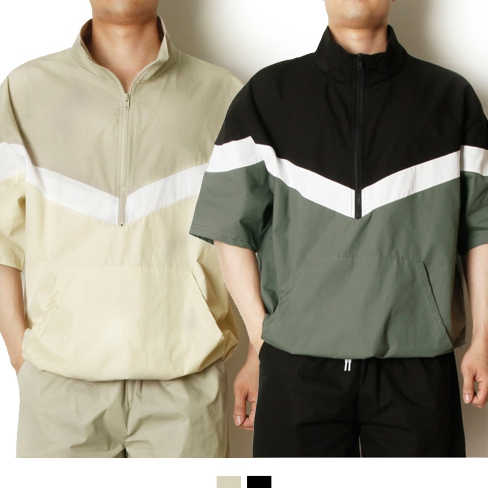 남자 여름 아노락 반팔 바람막이 반집업 배색 오버핏 트레이닝 티 - 베이지