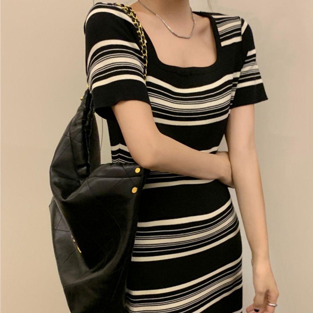 단가라 스퀘어넥 반팔 롱 원피스 JSD-1007895 - 베이지