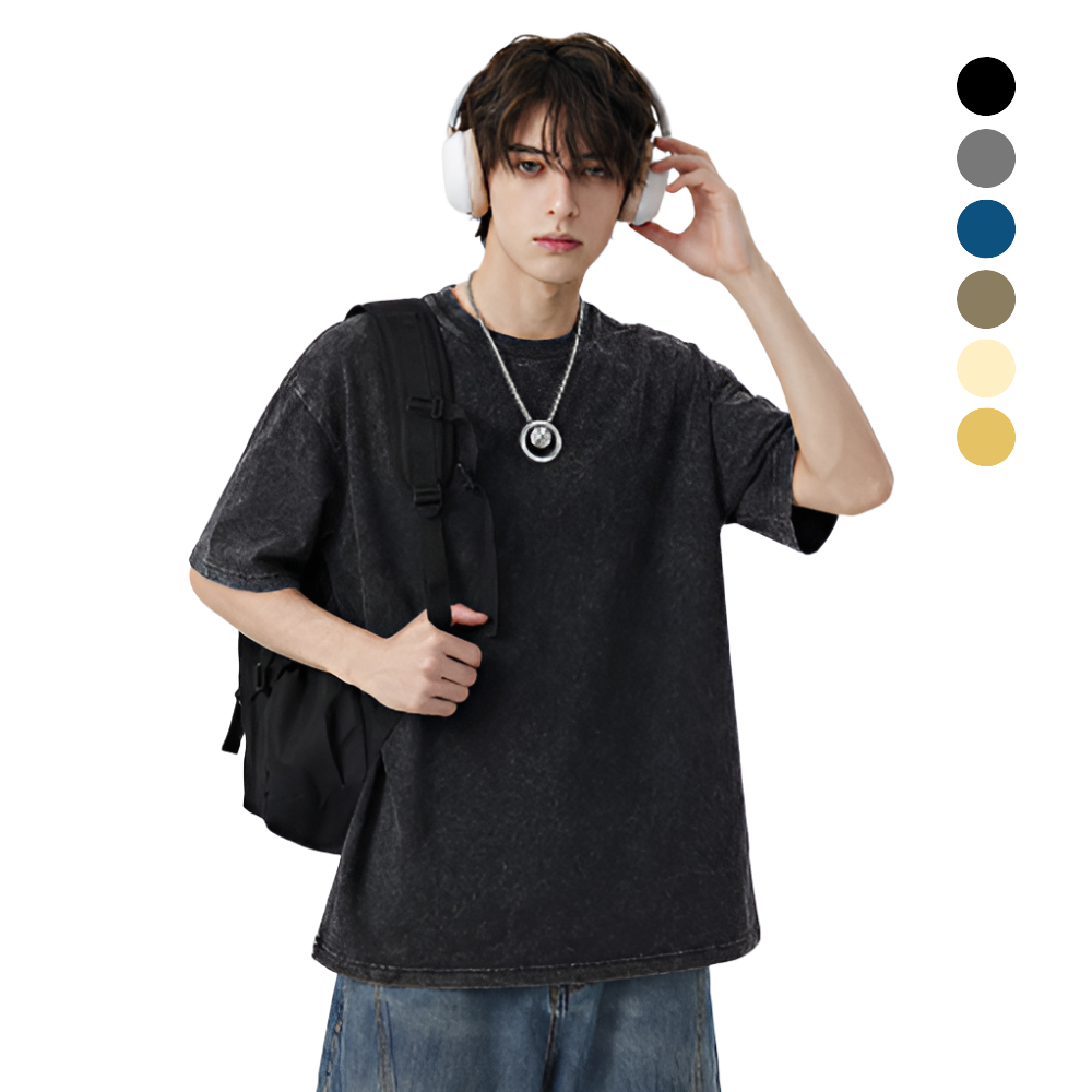 남성 어깨넓어보이는 오버핏 피그먼트 워싱 빈티지 반팔티 - 진베이지