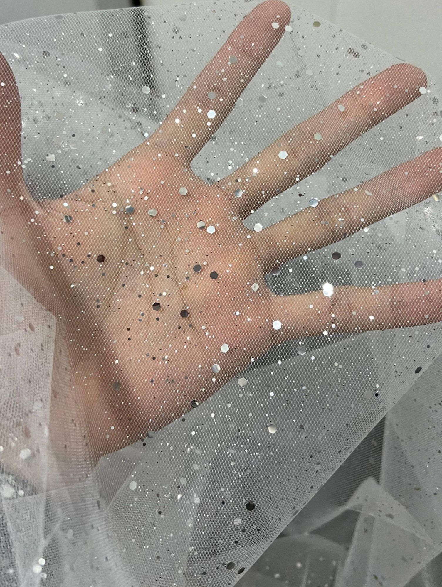 웨딩 레이스 원단 반짝이는 신부 메쉬 장식 리본 그물 액세서리 수제 구슬 은빛 베일 - 상세 이미지 5