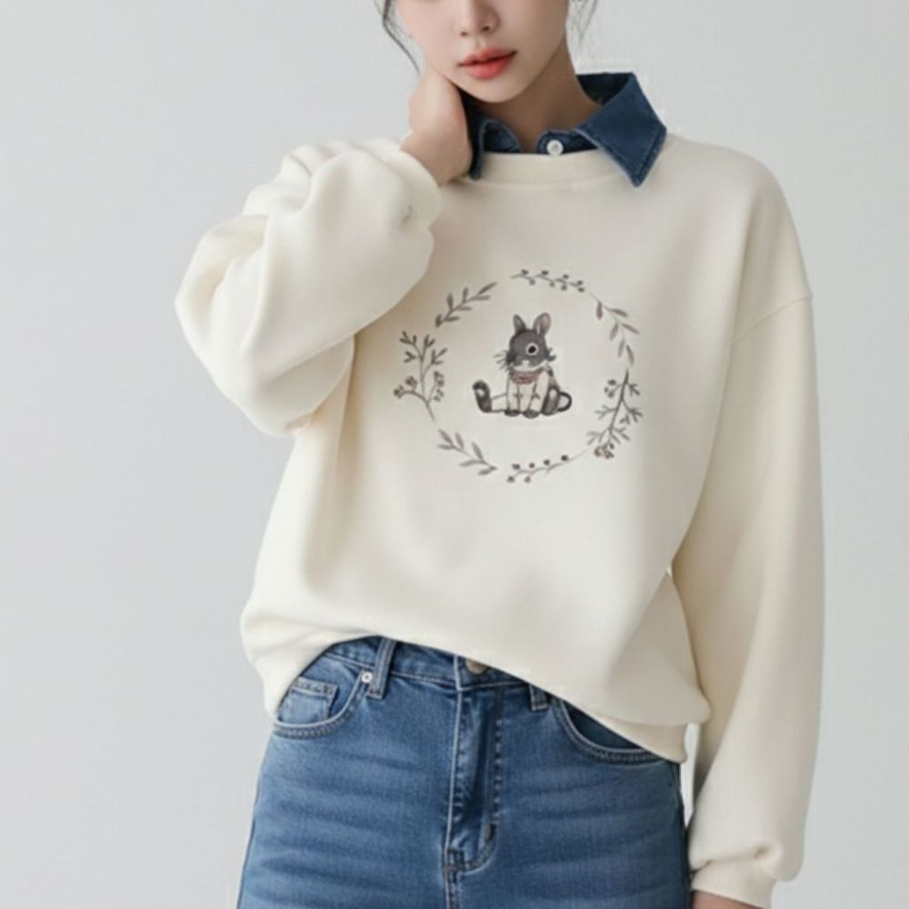 데님카라 맨투맨 티 - 그레이