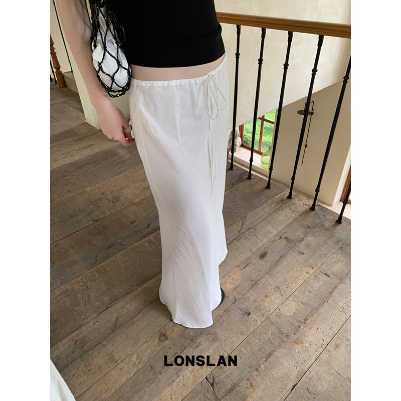 LONSLAN 론슬란 화이트 롱스커트 린넨 여성 봄 여름 스트링 h라인스커트 - 상품 이미지