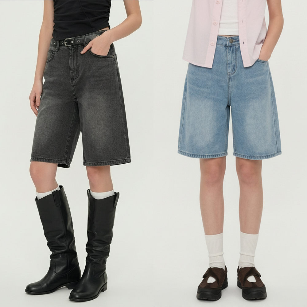 여성 루즈핏 A라인 데님 5부 반바지 - 흑청