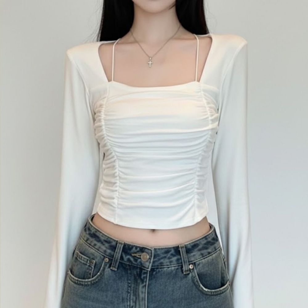 셔링 슬림핏 끈나시 레이어드 티셔츠 HPC-1007881 - 블랙