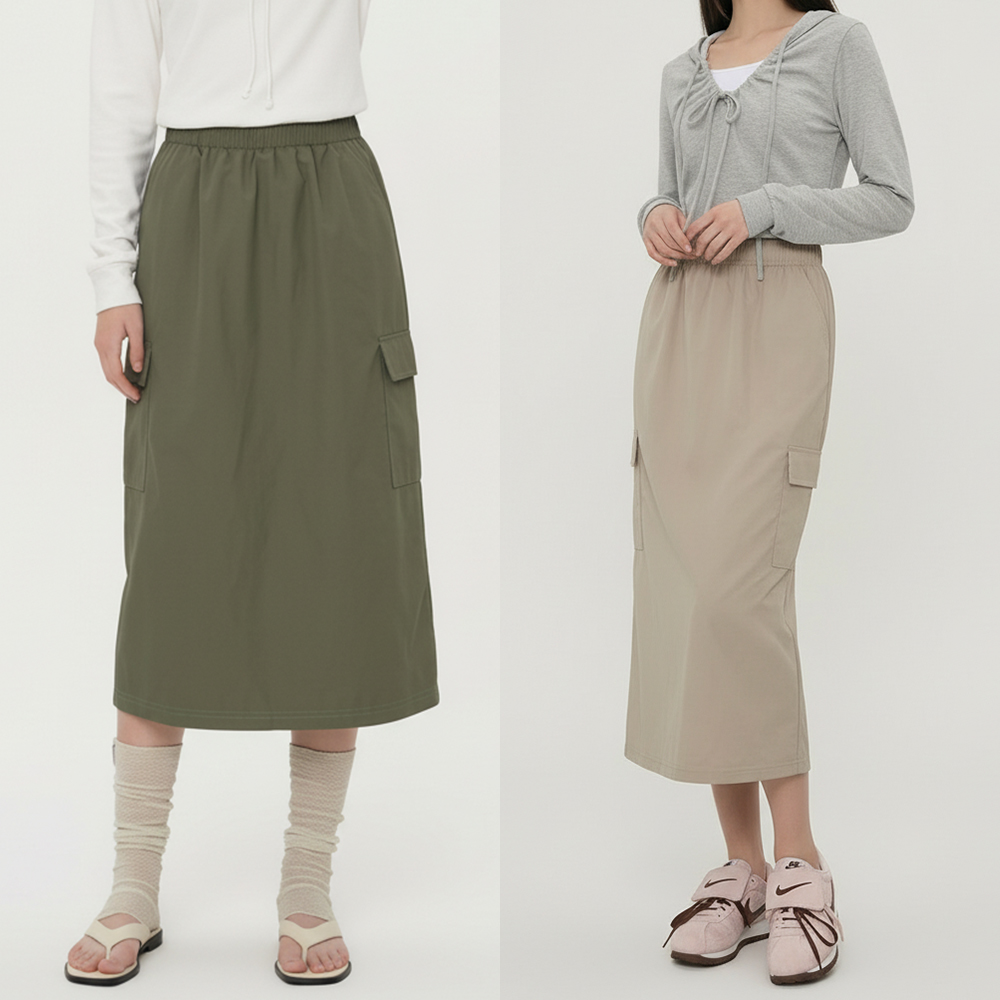 여성 바스락 카고 밴딩 뒷트임 스커트 JEB-1007324 - 카키
