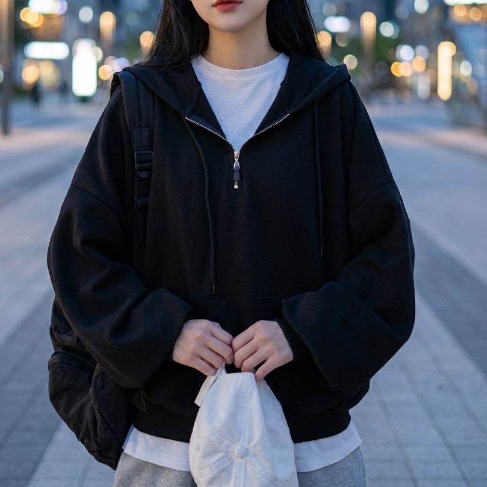 여성룩 긴팔 티셔츠 캐주얼 지퍼 기모 오버핏 후드티 - 딥그레이