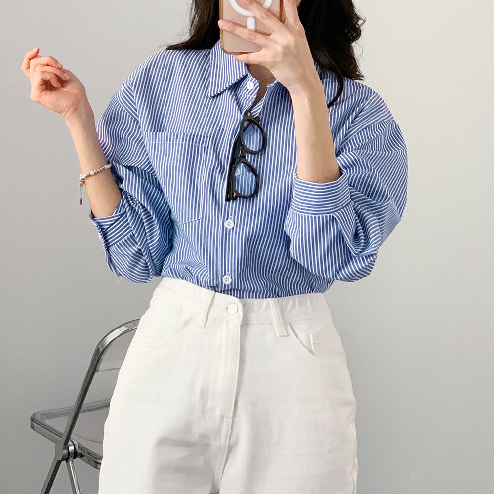 스트라이프 루즈핏 셔츠 HPC-1007850 - 블랙