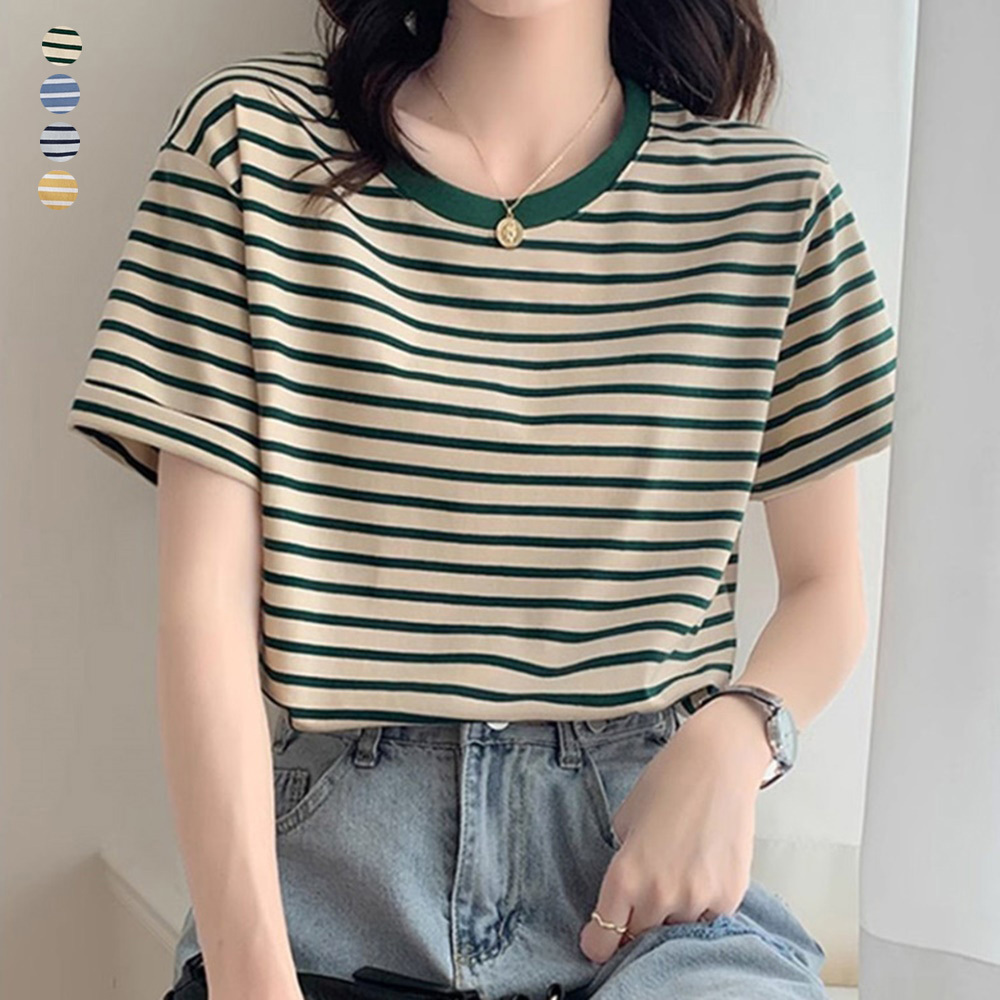 캐주얼 꾸안꾸 여성 라운드넥 단가라 스트라이프 반팔 데일리 티셔츠 - 그린