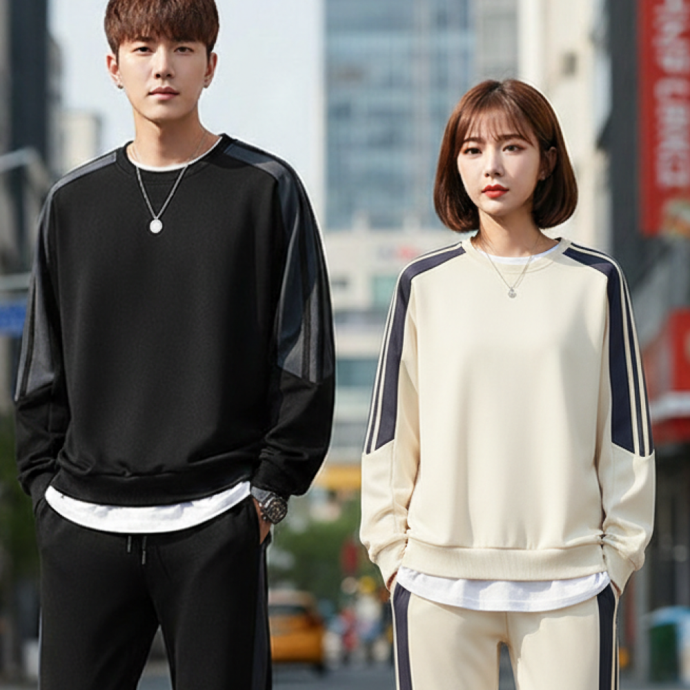 남녀공용 봄 가을 트레이닝복세트 맨투맨 조거 팬츠 셋업 체육복 런닝복 - 블랙