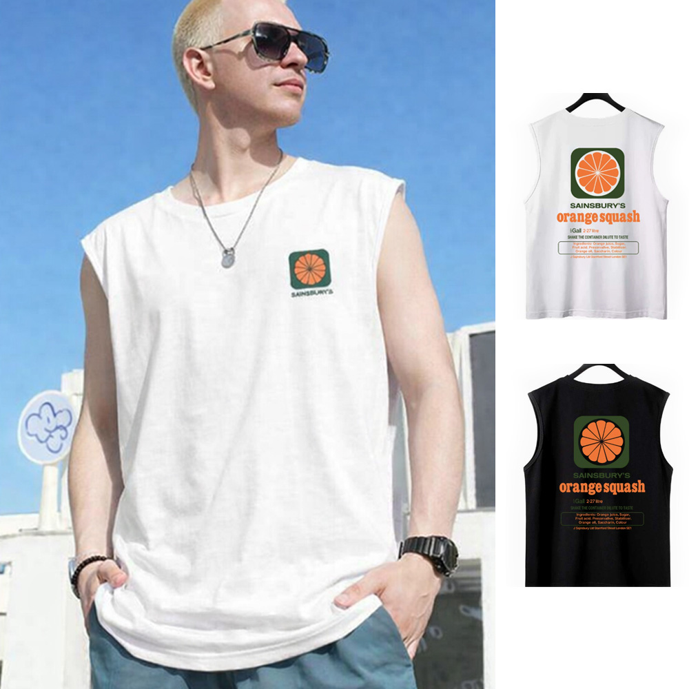 남성 여름 외출 오렌지 로고 포인트 레터링 민소매 나시 - 화이트