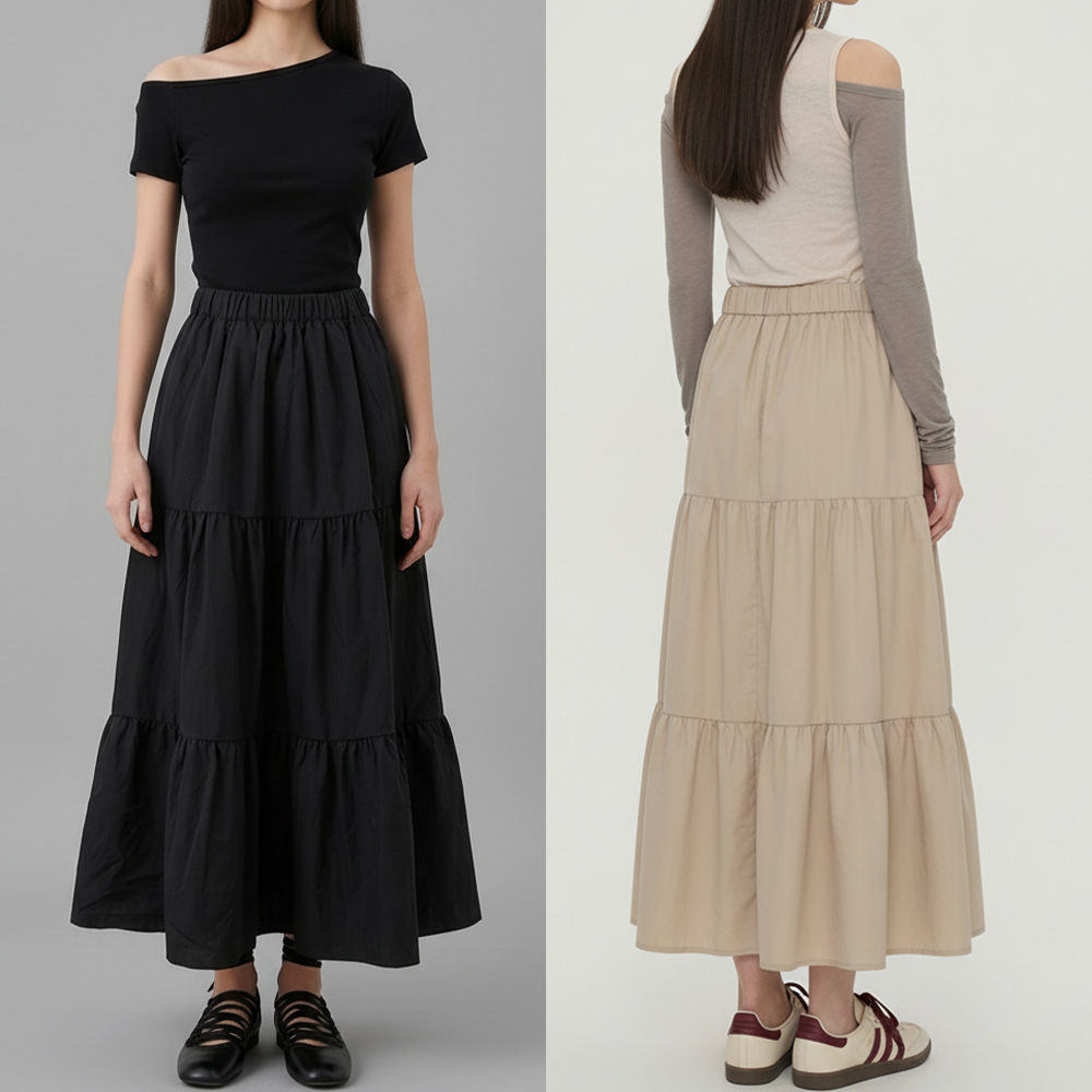 여성 바스락 체형커버 캉캉 플레어 롱 스커트 - 베이지