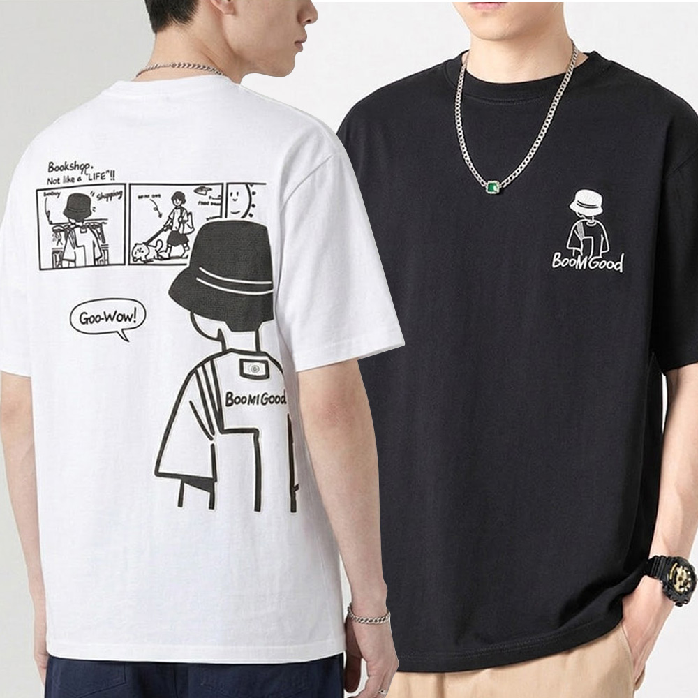 남성 귀여운 캐릭터 디자인 라운드넥 순면 반팔 티셔츠 - 블랙