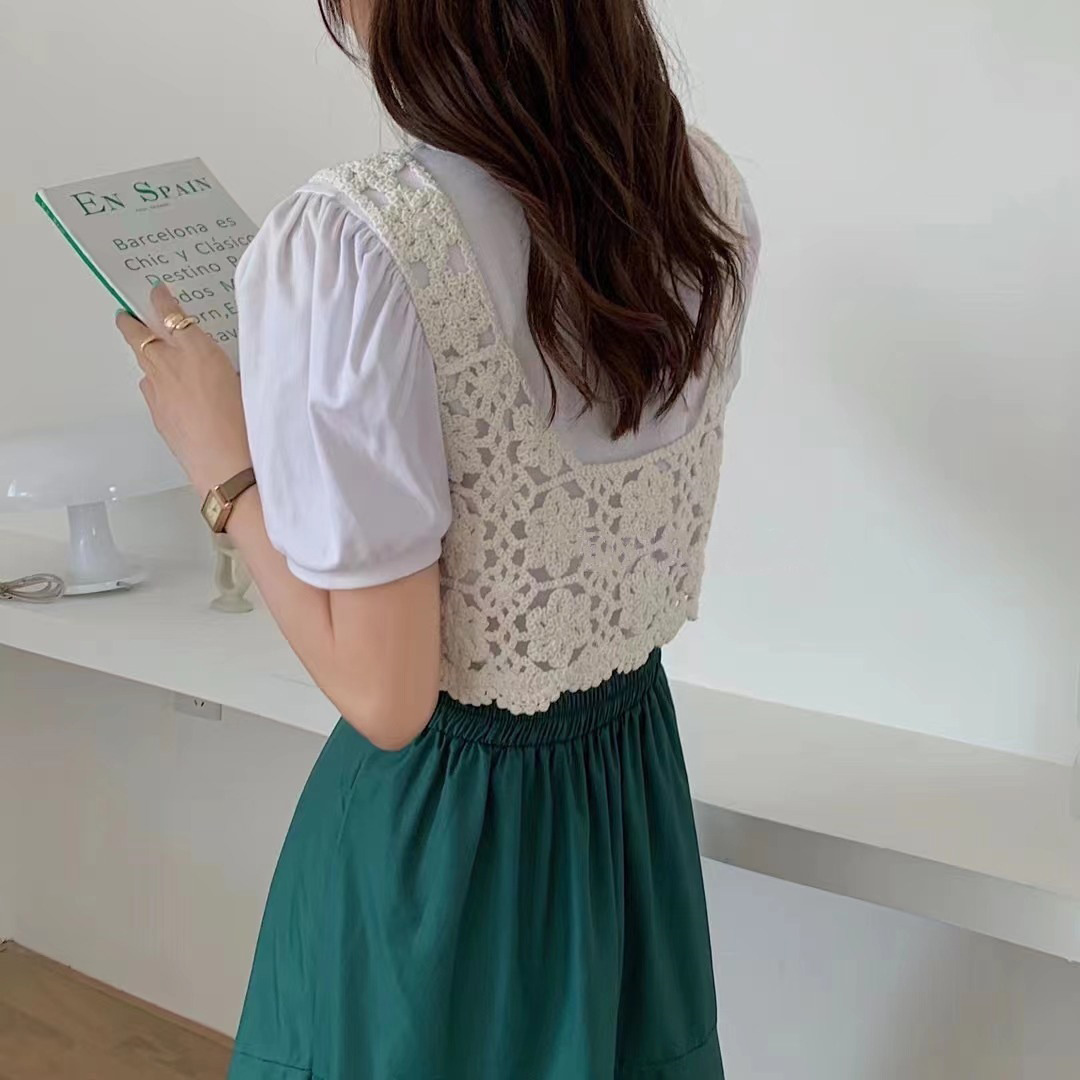 플라워 레이스 크로쉐 뷔스티에 (빈티지 무드 조끼) 여름 니트 베스트 - 베이지