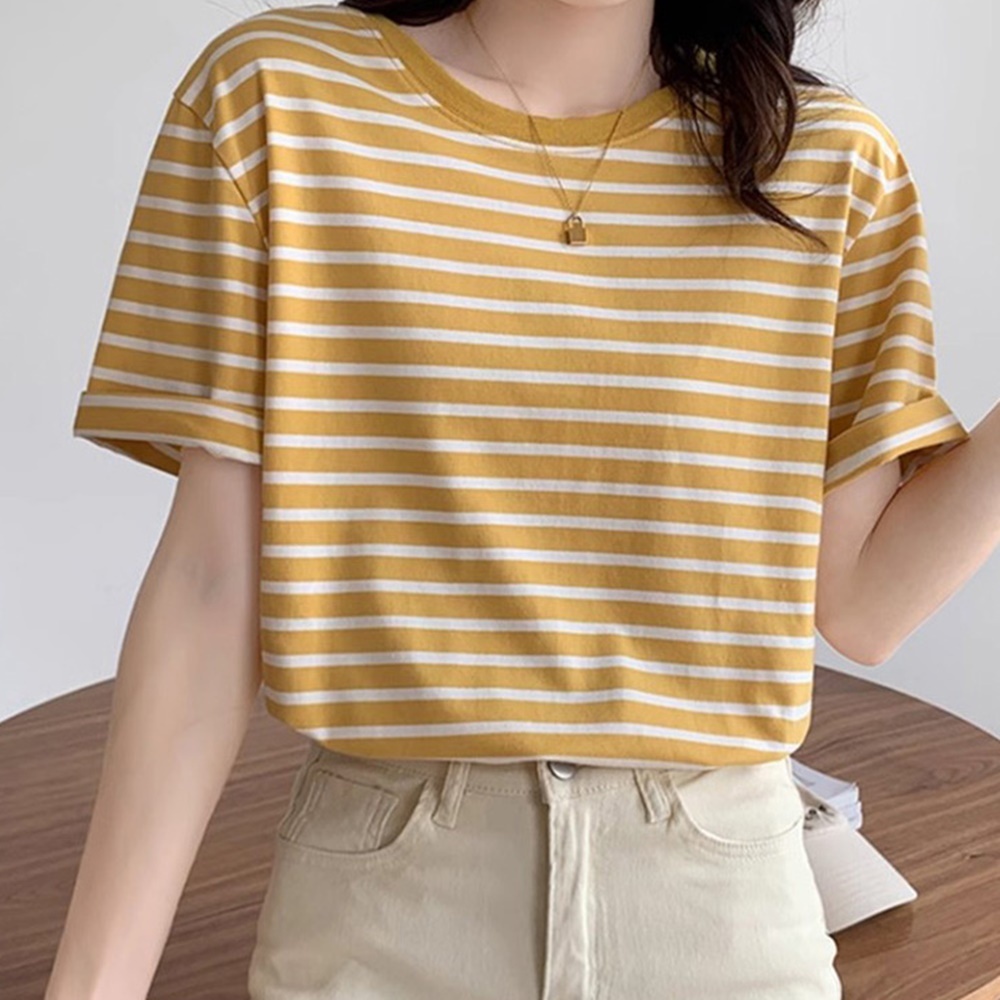 캐주얼 꾸안꾸 여성 라운드넥 단가라 스트라이프 반팔 데일리 티셔츠 - 그린