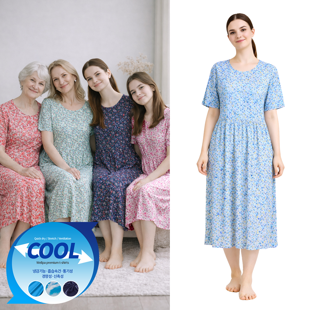 여름 까실이 꽃무늬 반팔 파자마 주름원피스 - 스카이