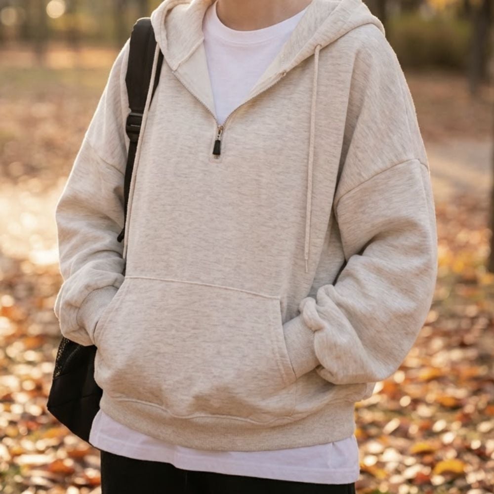 여자 긴팔 티셔츠 데일리 지퍼 기모 오버핏 후드티 - 연그레이