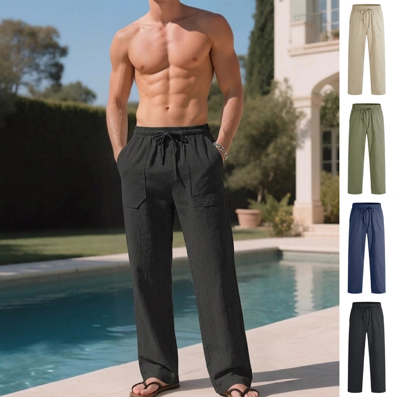 남성 편한 와이드핏 시원한 마바지 린넨형 여름 팬츠 - 네이비