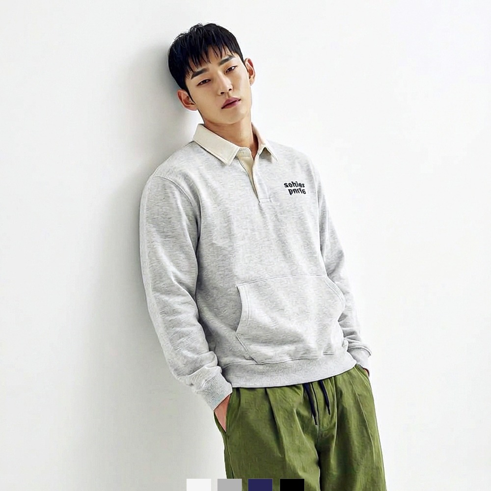 남자 카라 맨투맨 카라티 스웨트셔츠 봄 데일리 맨투맨 - 블랙