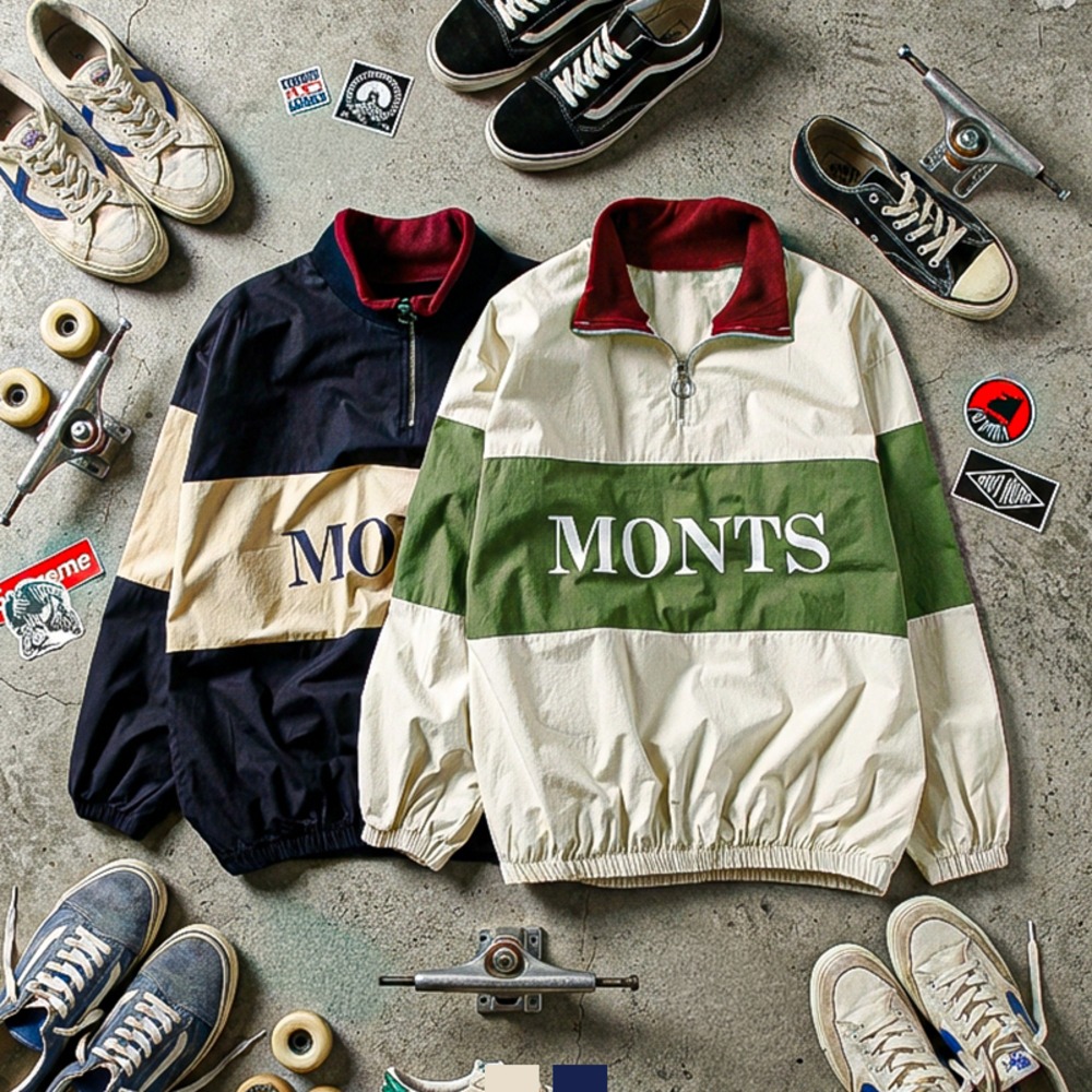 아노락 바람막이 반집업 배색 스트릿 점퍼 봄 남자아우터 - 연베이지