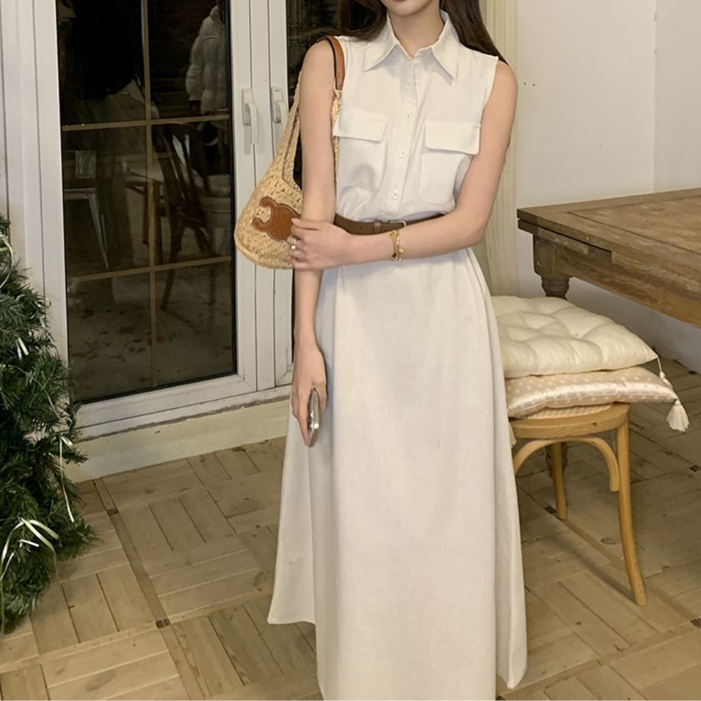 린넨 롱 민소매 셔츠 원피스 UJS-063 - 베이지