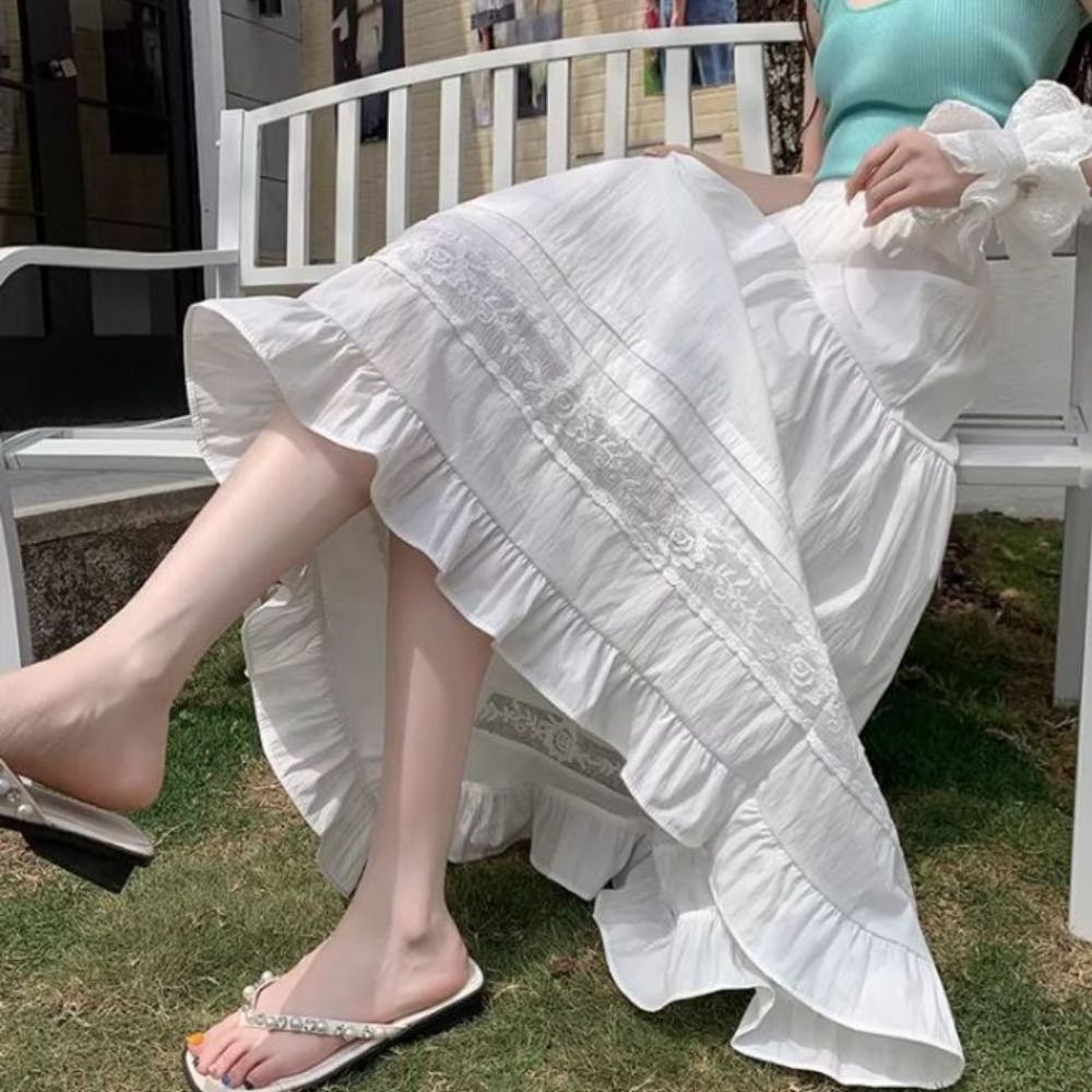 UJS-082 여리핏 캉캉 밴딩 레이스 롱스커트 - 블랙