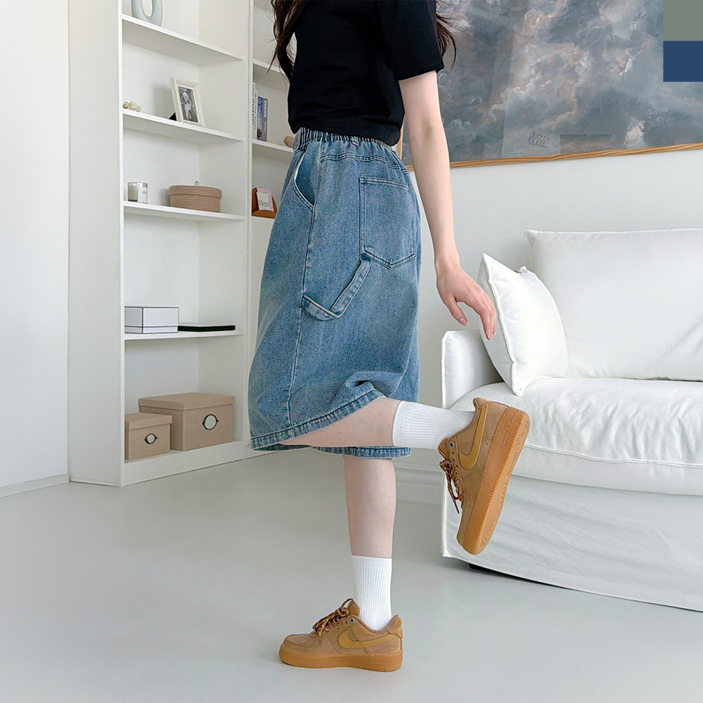 ACC 2009W 여자 카펜터 버뮤다 와이드 밴딩 데님 반바지 - 중청