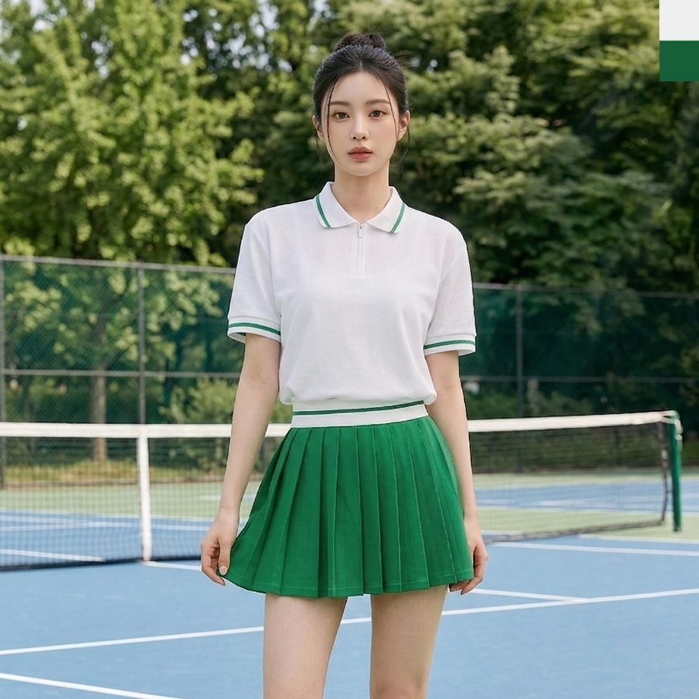 KAA 9007W 반팔 카라 티셔츠 테니스 스커트 세트 - 화이트그린