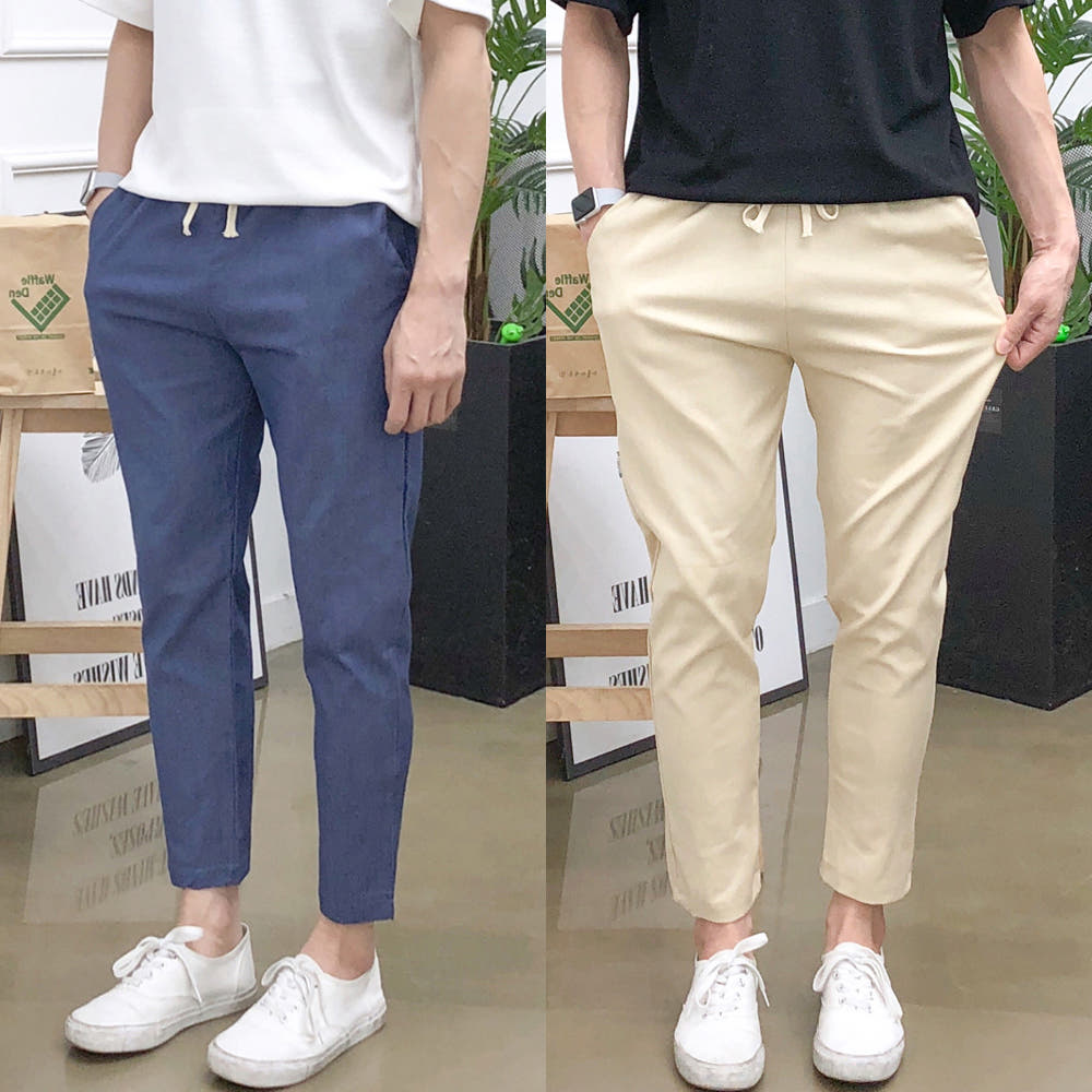 1+1 남자 여름바지 밴딩 린넨 팬츠 9부 마 슬랙스 카고조거 반바지 모음 이미지 3