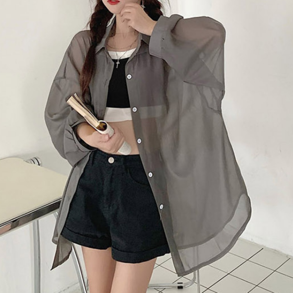 루즈핏 망사 시스루 캐주얼 여성 블라우스 셔츠 - 3컬러 - 스카이