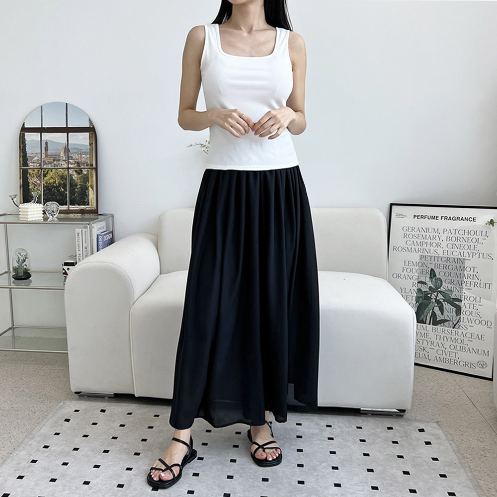 여성 쉬폰 러블리 밴딩 롱 스커트 DJJ-KYI-80919 - 블랙